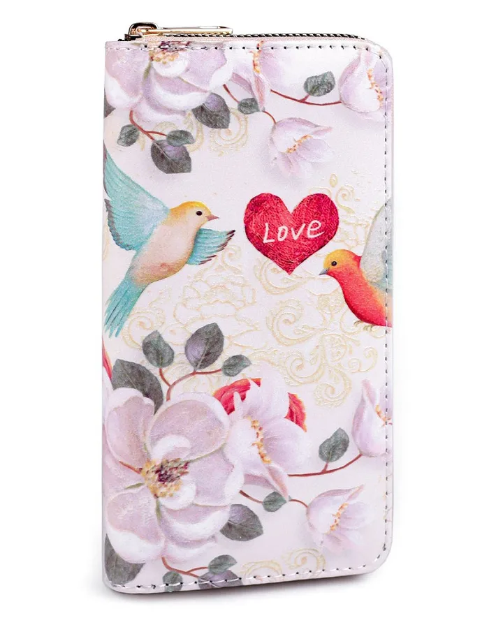 Dámská peněženka s ptáčky a se srdíčkem s nápisem LOVE 9,5x19 cm