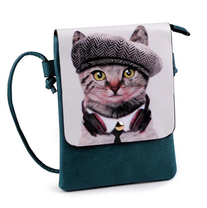 Malá crossbody kabelka s kočičkou s čapkou, modrozelená